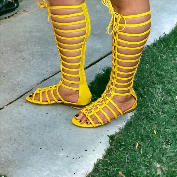 Yellow tall calf high lace up strappy elastic gladiator flat sandals sz 11. - Picture 7 of 7